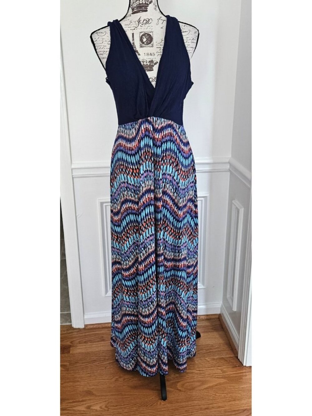 Gilli XL Tahj 2fer Knit Navy Printed Wrap Bodice Maxi Dress